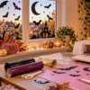 Halloween-raamstickers maken: vleermuizen en maanlicht op je raam Halloweenraam met zwarte vleermuizen en maansikkel naast een roze snijmat en een plottermachine
