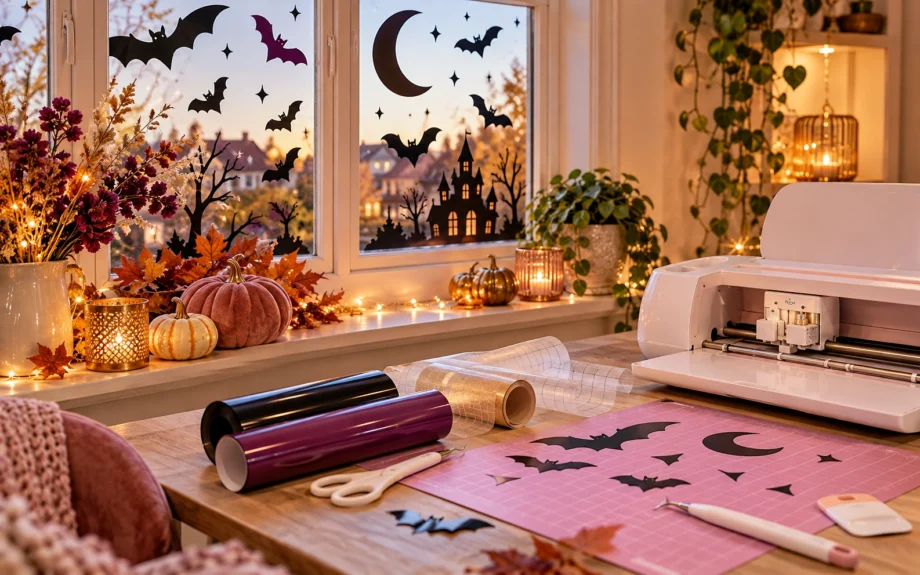 Halloweenraam met zwarte vleermuizen en maansikkel naast een roze snijmat en een plottermachine