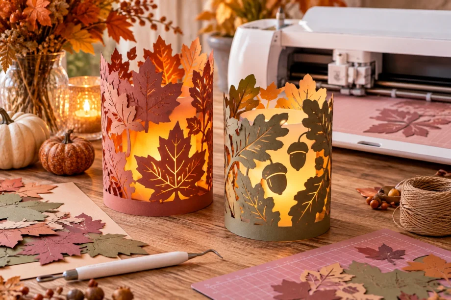 Herfstlichtjes maken met papieren lantaarnhoezen en je plotter Twee papieren herfstlantaarns met bladmotieven en veilige LED-lampjes op een warme knutseltafel
